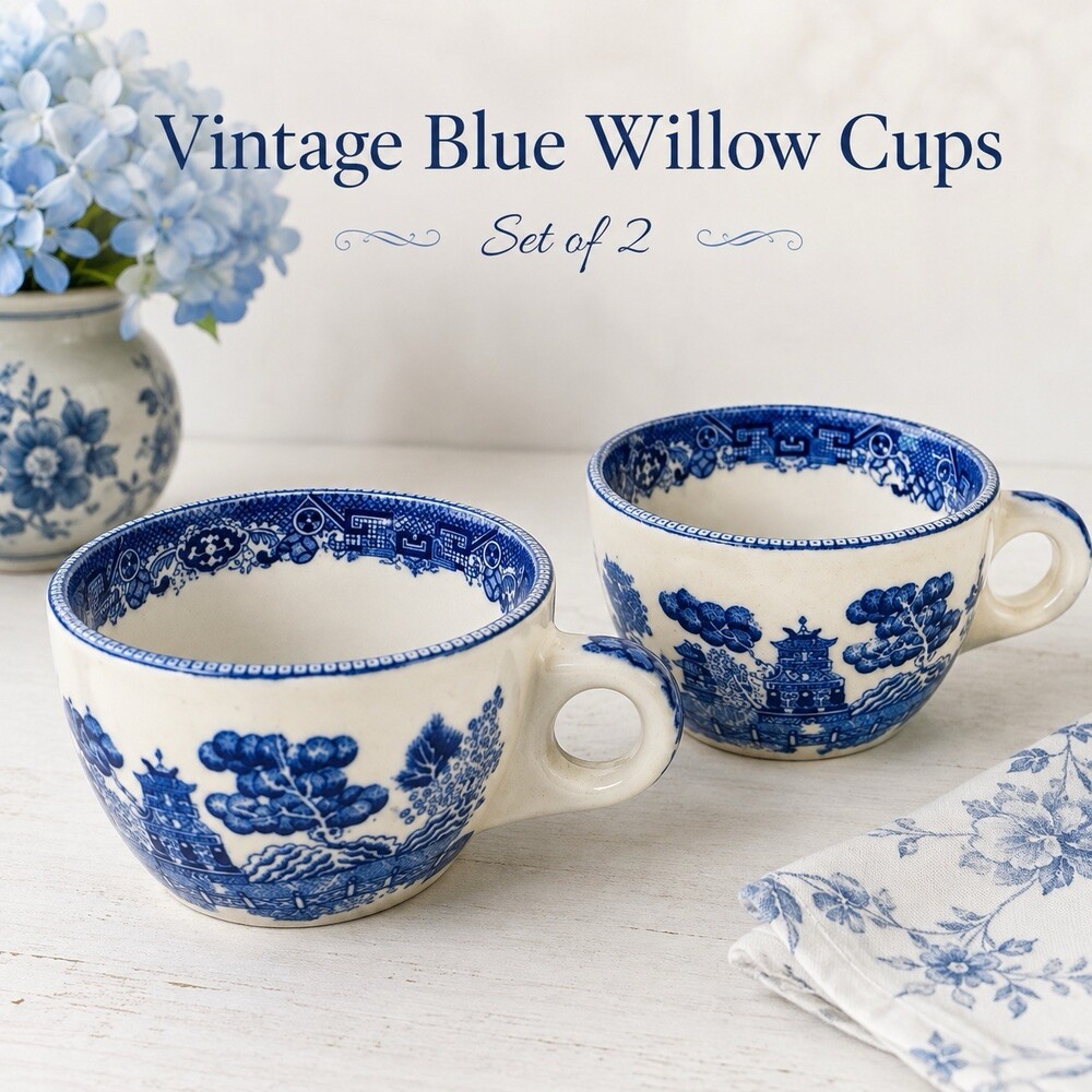 Vintage Blue Willow China Cups Pair Loop Handles Pagoda Blue White Tea Cups